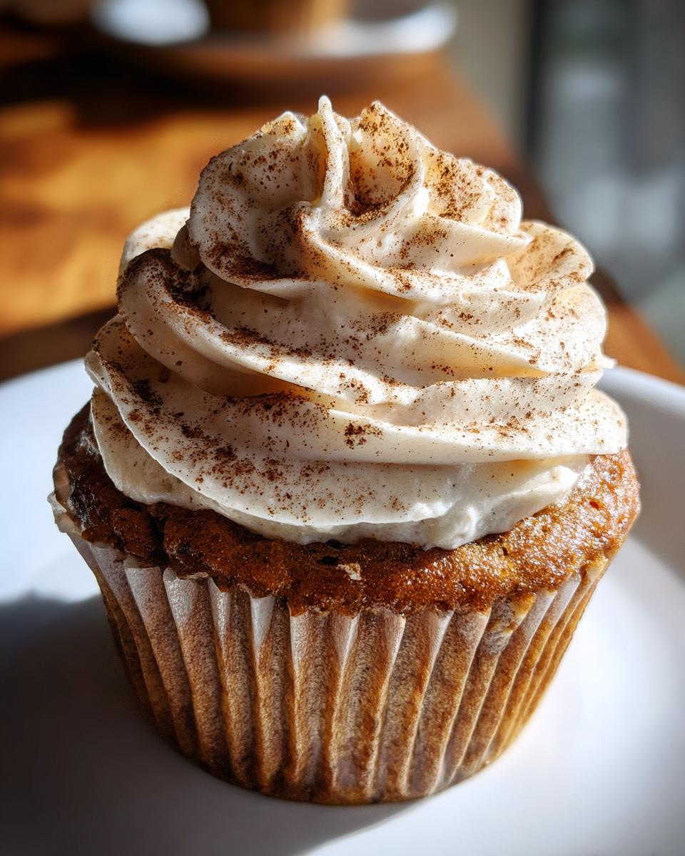 A close-up of a moist pumpkin spice latte cupcake topped with swirled cream cheese frosting and a sprinkle of cinnamon.