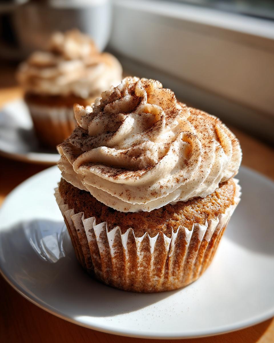A close-up of a moist pumpkin spice latte cupcake topped with creamy frosting and a sprinkle of cinnamon.