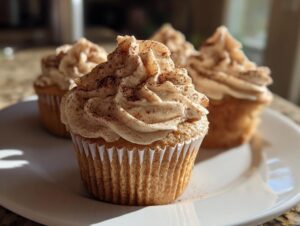 Close-up of moist pumpkin spice latte cupcakes topped with creamy swirled frosting and a dusting of cinnamon.