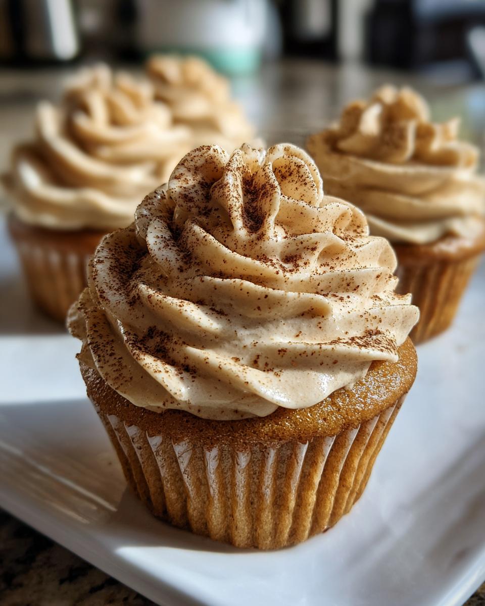 Close-up of a moist pumpkin spice latte cupcake topped with creamy swirled frosting and a dusting of cinnamon.