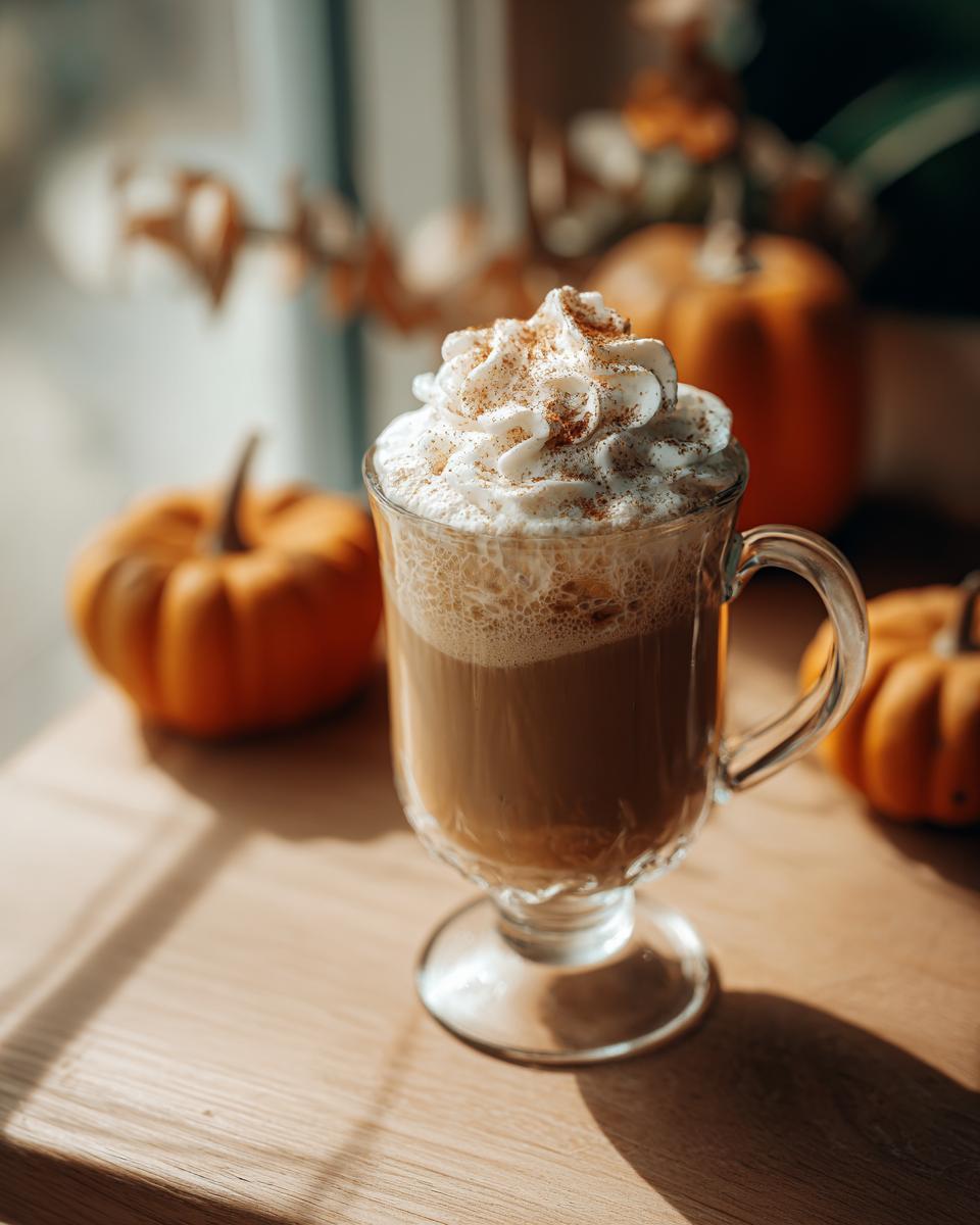 A delicious homemade pumpkin spice latte topped with whipped cream and cinnamon, surrounded by small pumpkins.