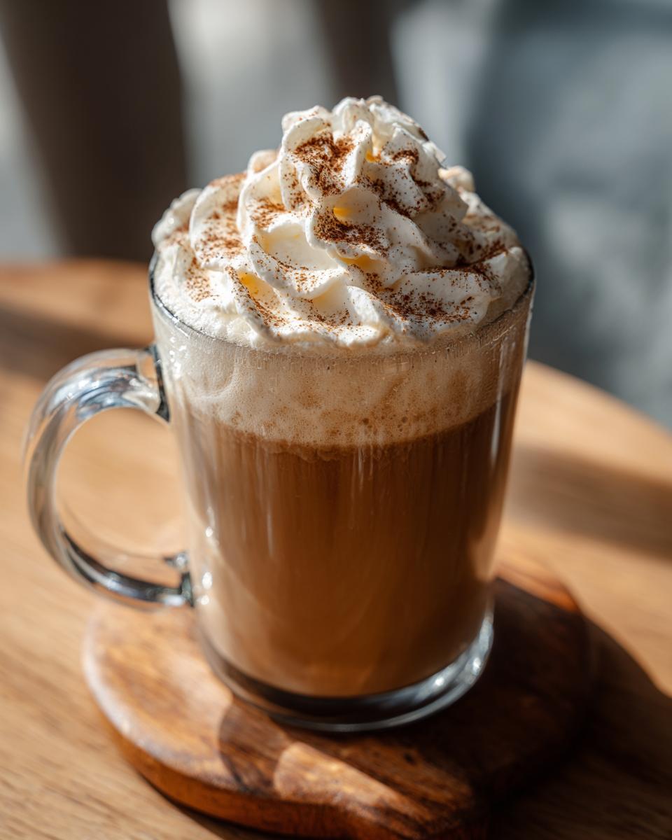 A warm, homemade pumpkin spice latte topped with whipped cream and a sprinkle of cinnamon.