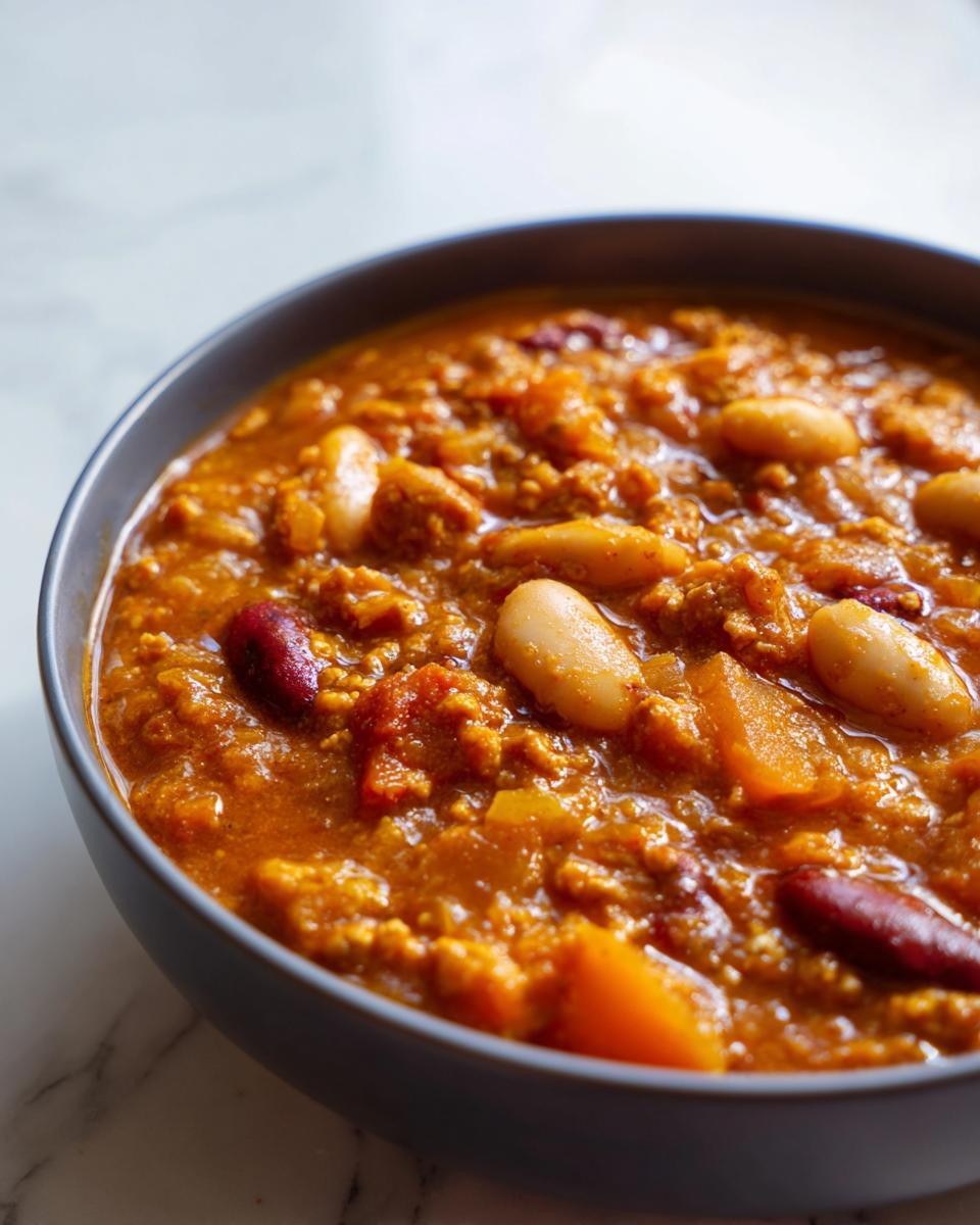 A close-up of a bowl of pumpkin turkey chili, featuring kidney beans, white beans, and chunks of pumpkin.