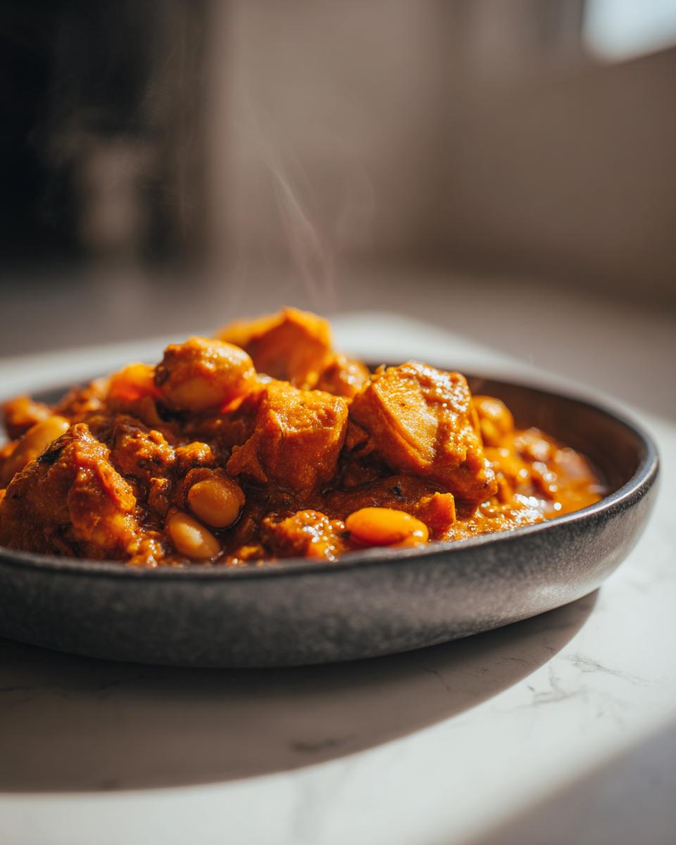A close-up of a dark bowl filled with steaming pumpkin turkey chili, featuring chunks of turkey and white beans.