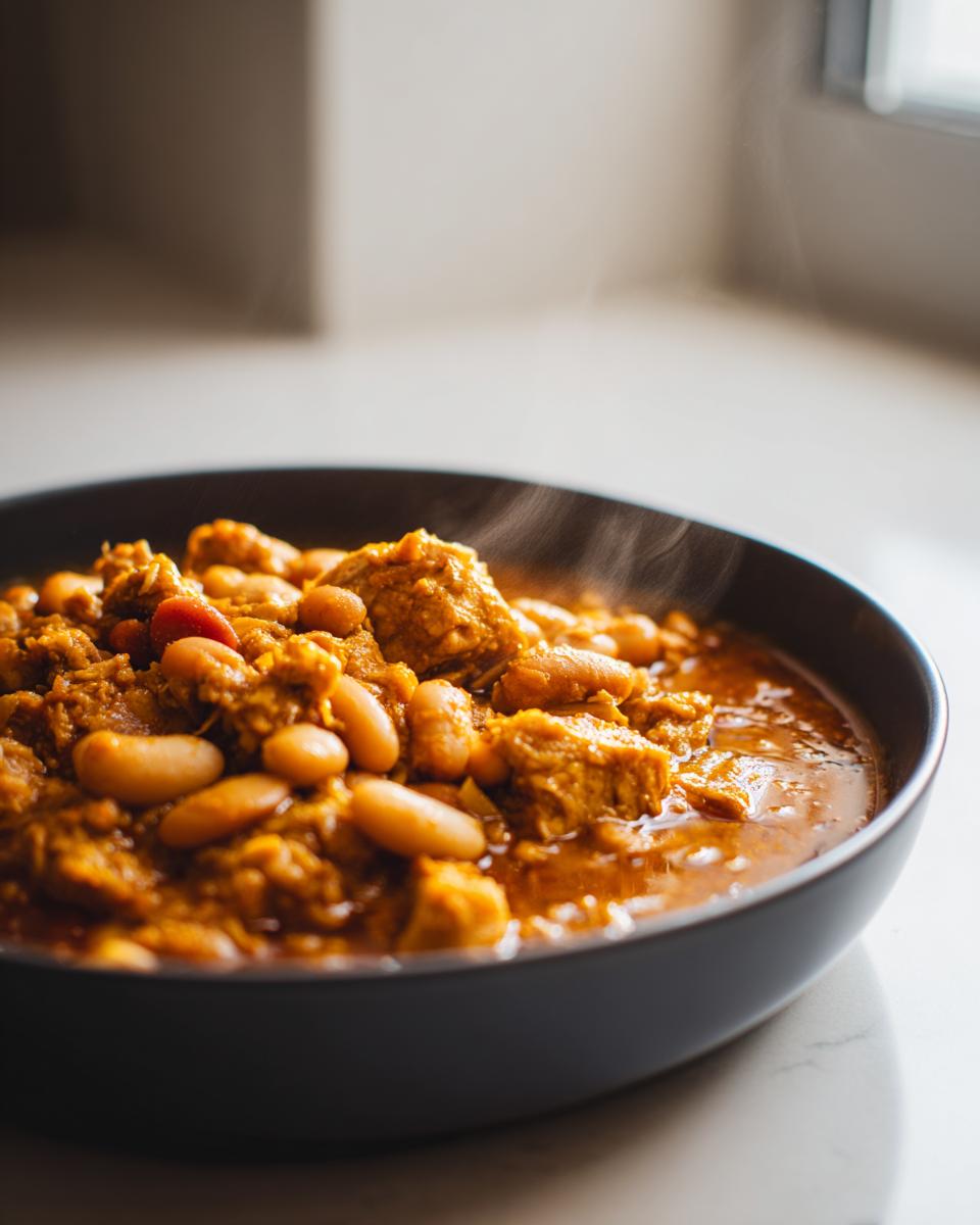 A close-up of a dark bowl filled with steaming pumpkin turkey chili and white beans.