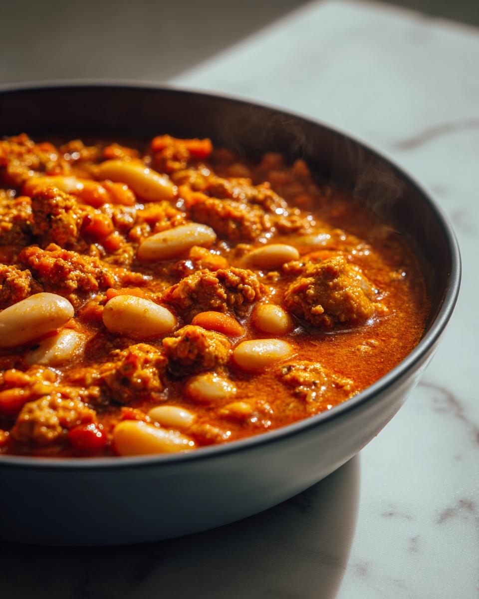 A close-up shot of a steaming bowl of pumpkin turkey chili, featuring ground turkey, white beans, and a rich orange broth.