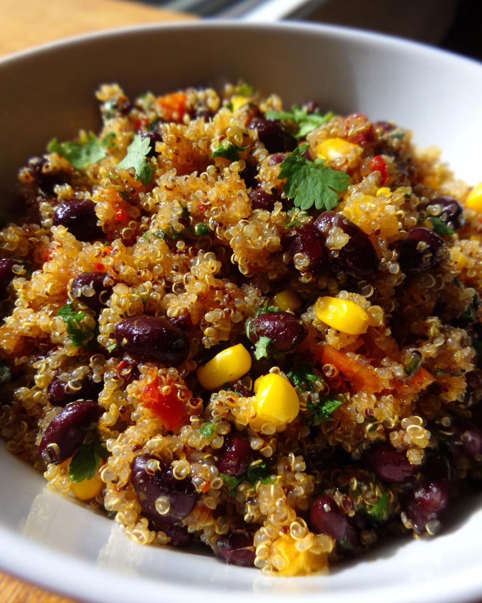 A close-up of a bowl filled with vibrant quinoa black bean salad, featuring corn, red pepper, and cilantro.