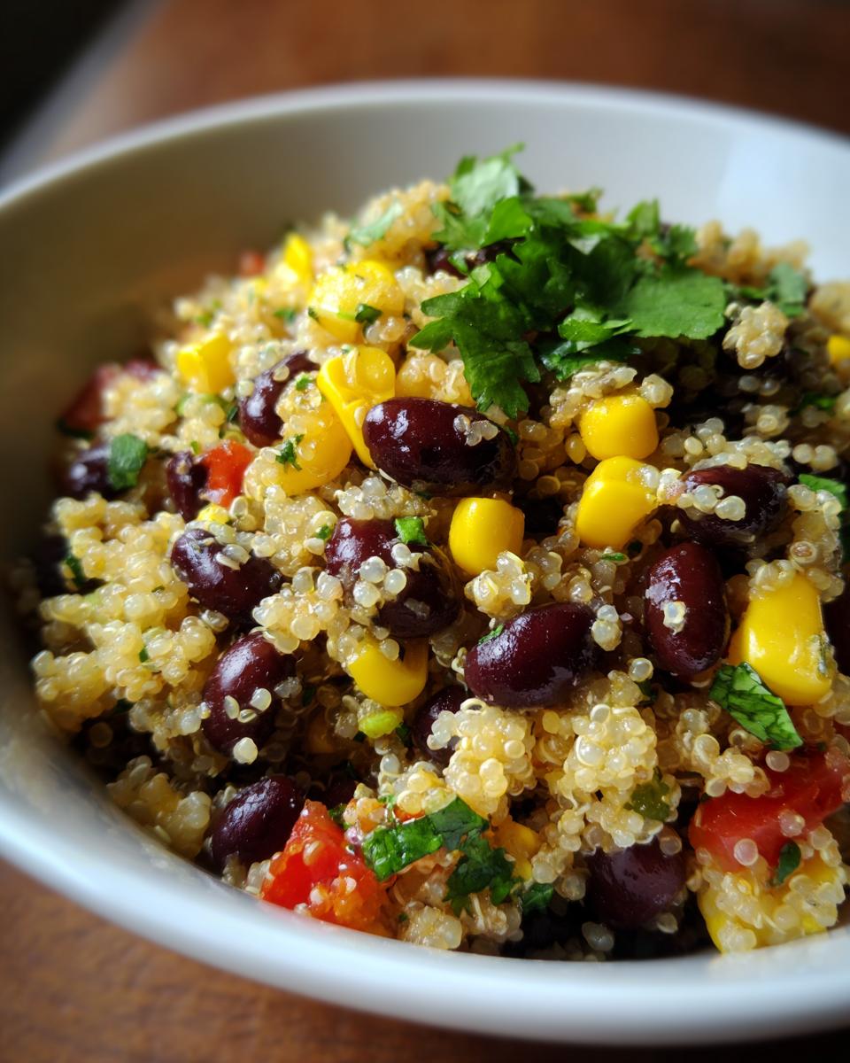 Close-up of a bowl of vibrant quinoa black bean salad with corn, tomatoes, and fresh cilantro.
