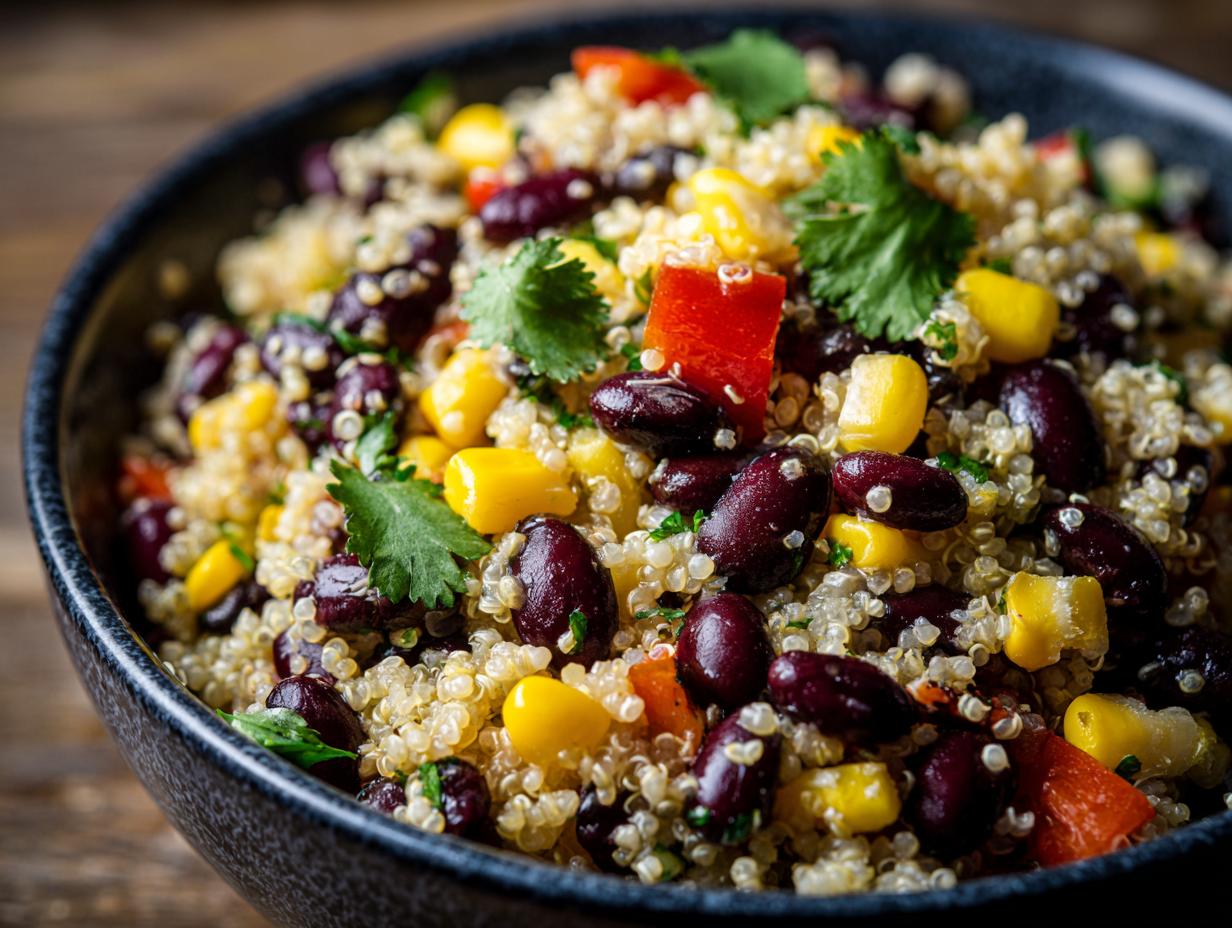 A close-up of a vibrant quinoa black bean salad in a dark bowl, featuring corn, red bell peppers, and cilantro.