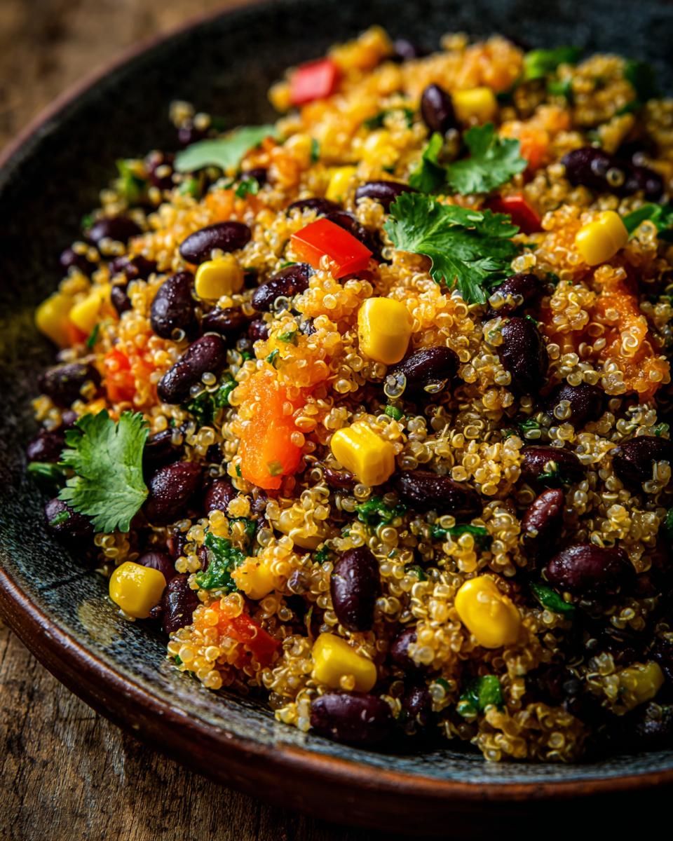 A close-up of a vibrant quinoa black bean salad in a dark bowl, featuring corn, black beans, red bell peppers, and cilantro.