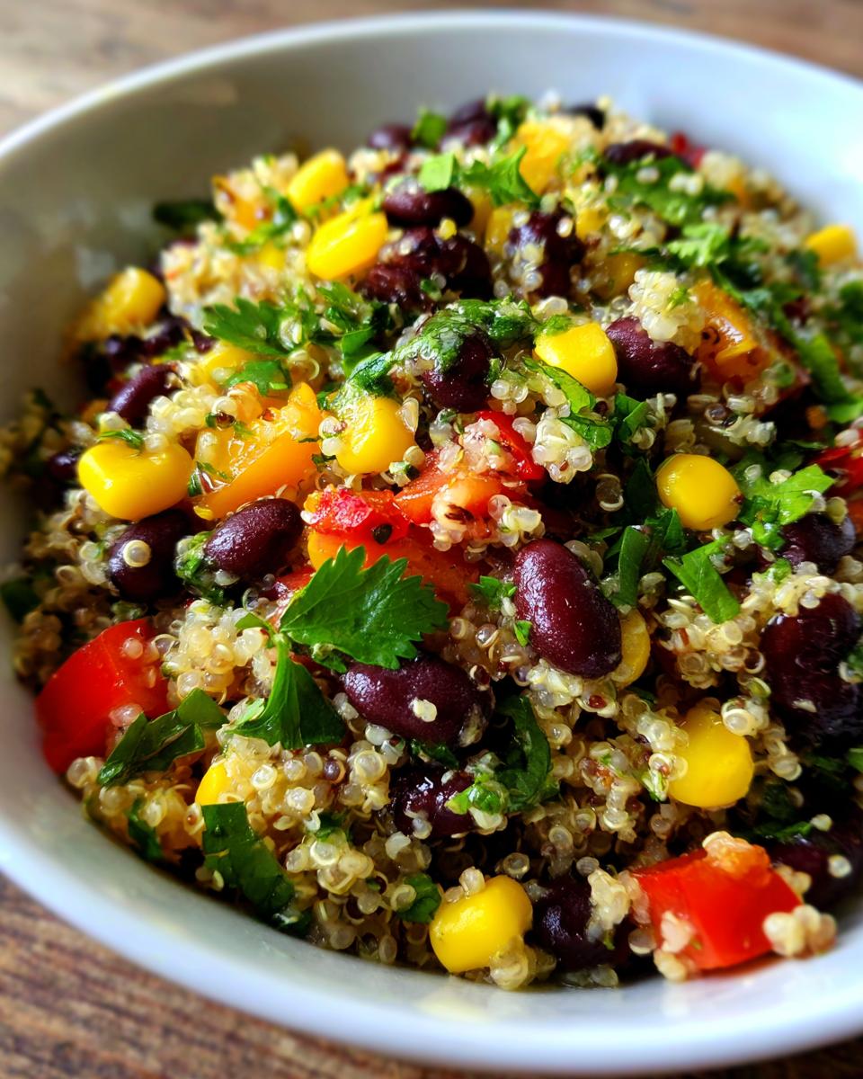 A close-up of a vibrant quinoa black bean salad filled with corn, black beans, diced tomatoes, and fresh cilantro.