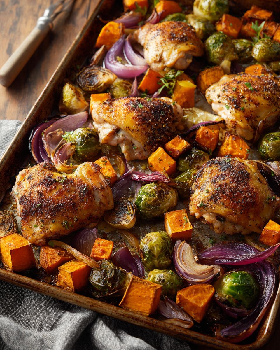 A close-up of a baking sheet filled with perfectly roasted chicken and vegetables, including Brussels sprouts, sweet potatoes, and red onion.