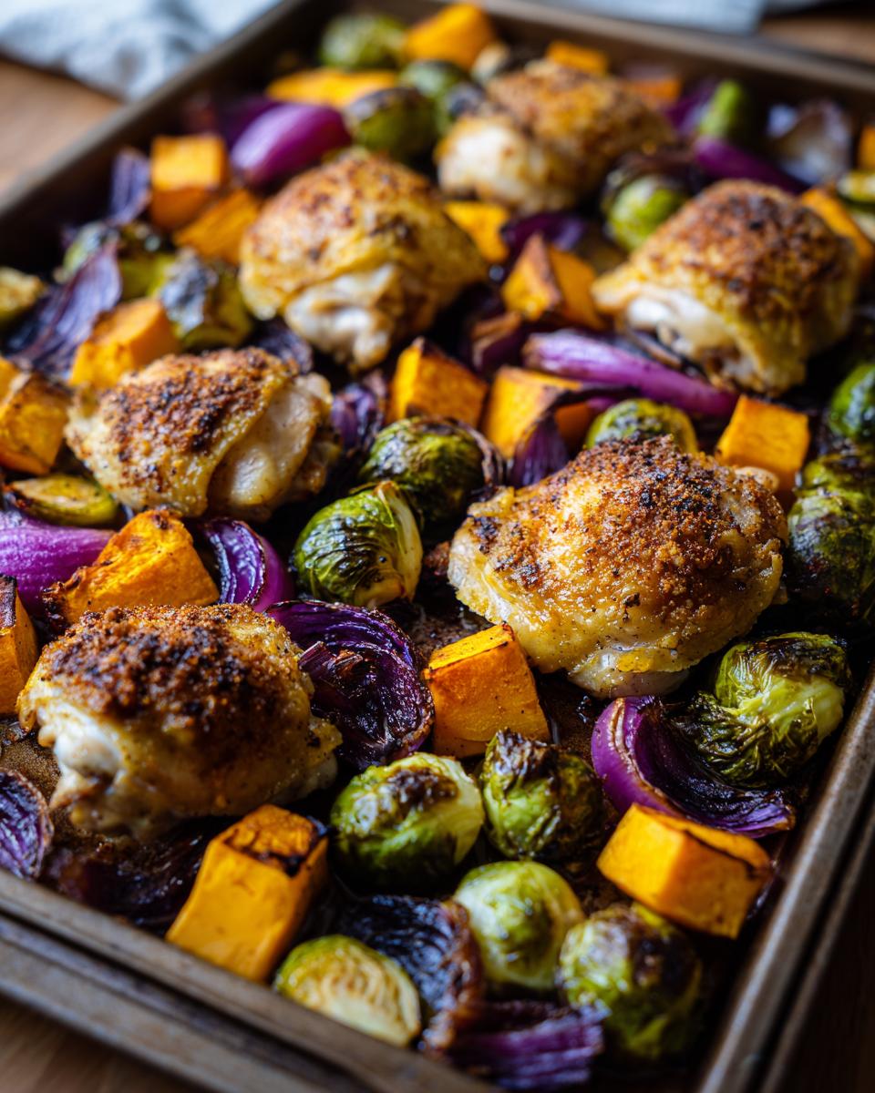 A close-up of golden brown roast chicken thighs nestled amongst roasted Brussels sprouts, butternut squash, and red onion on a baking sheet.