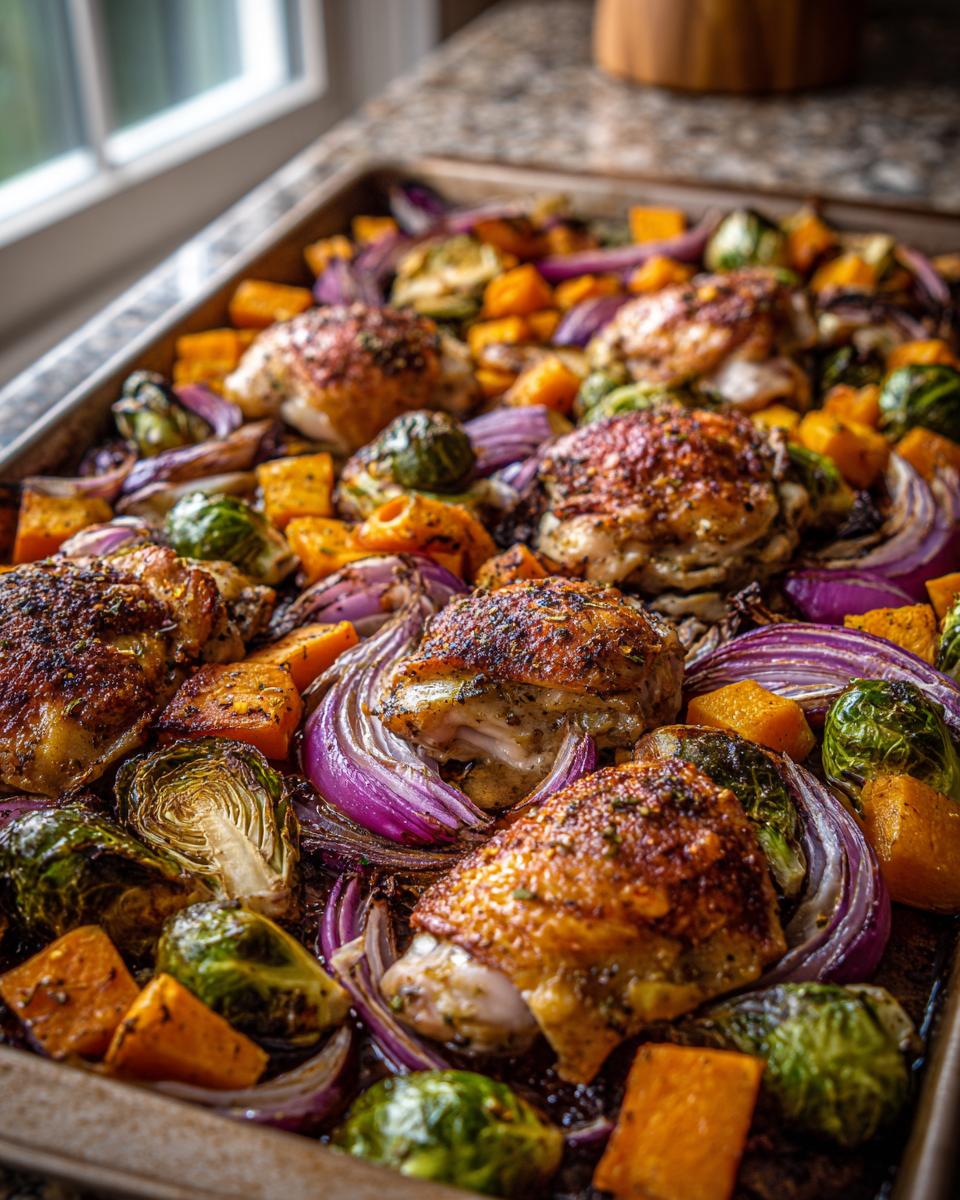 Close-up of perfectly roasted chicken thighs and colorful vegetables, including Brussels sprouts, butternut squash, and red onion, on a baking sheet.