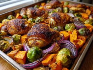 Close-up of perfectly roasted chicken and vegetables, including sweet potatoes, Brussels sprouts, and red onion, on a baking sheet.