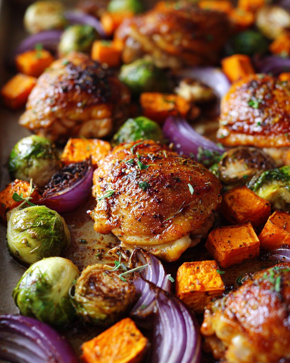 Close-up of perfectly roasted chicken thighs and colorful vegetables including sweet potatoes, Brussels sprouts, and red onion.