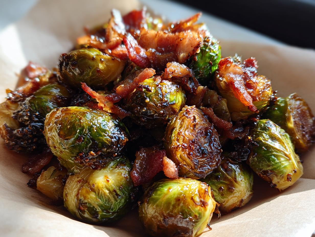 Close-up of crispy roasted Brussels sprouts with bacon, glistening and perfectly cooked.