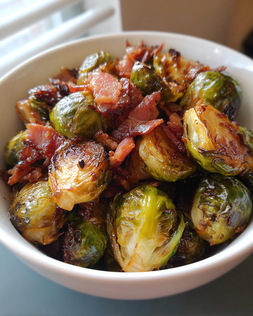 Close-up of crispy roasted brussels sprouts with bacon in a white bowl.