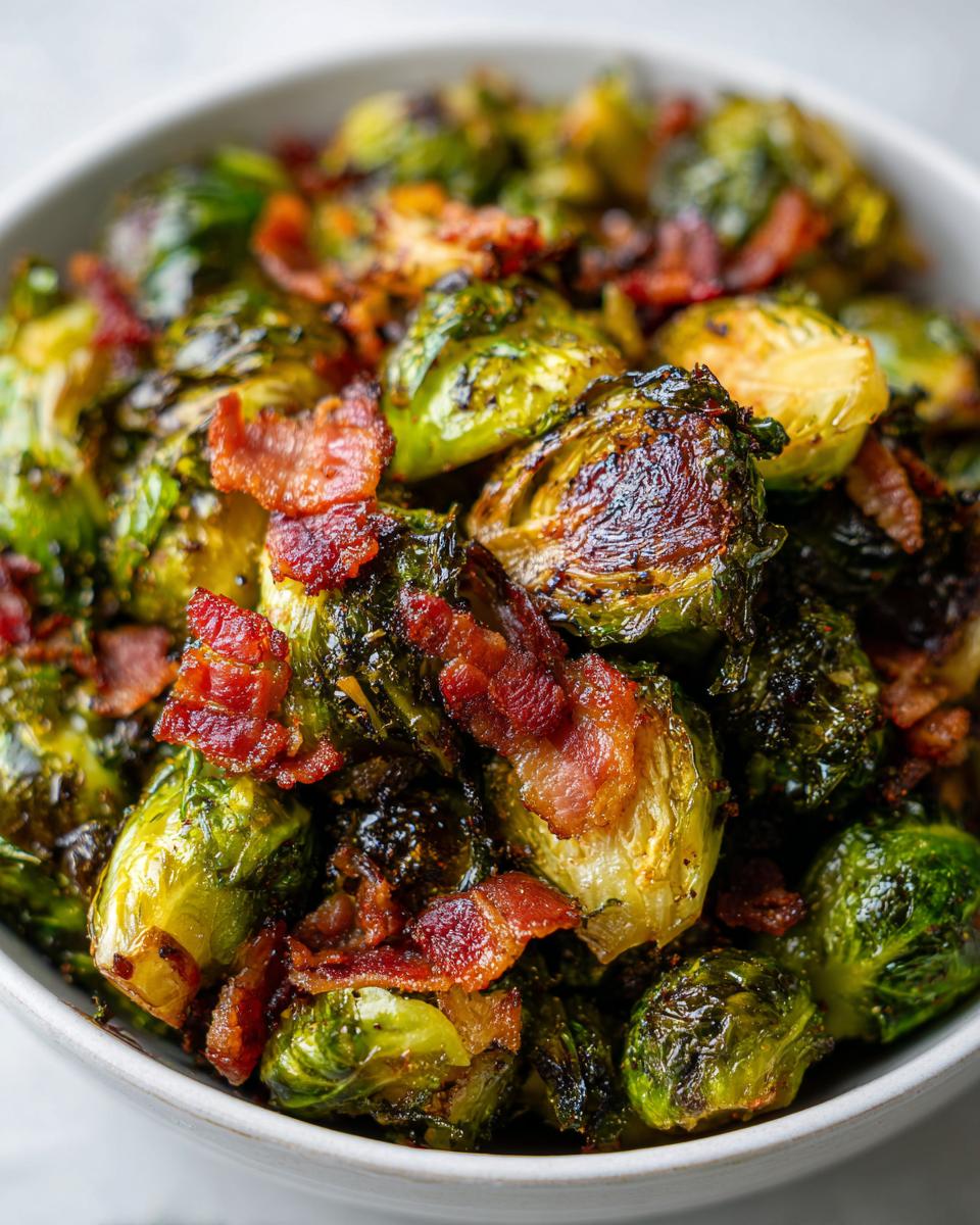 Close-up of crispy roasted Brussels sprouts with pieces of bacon in a white bowl.