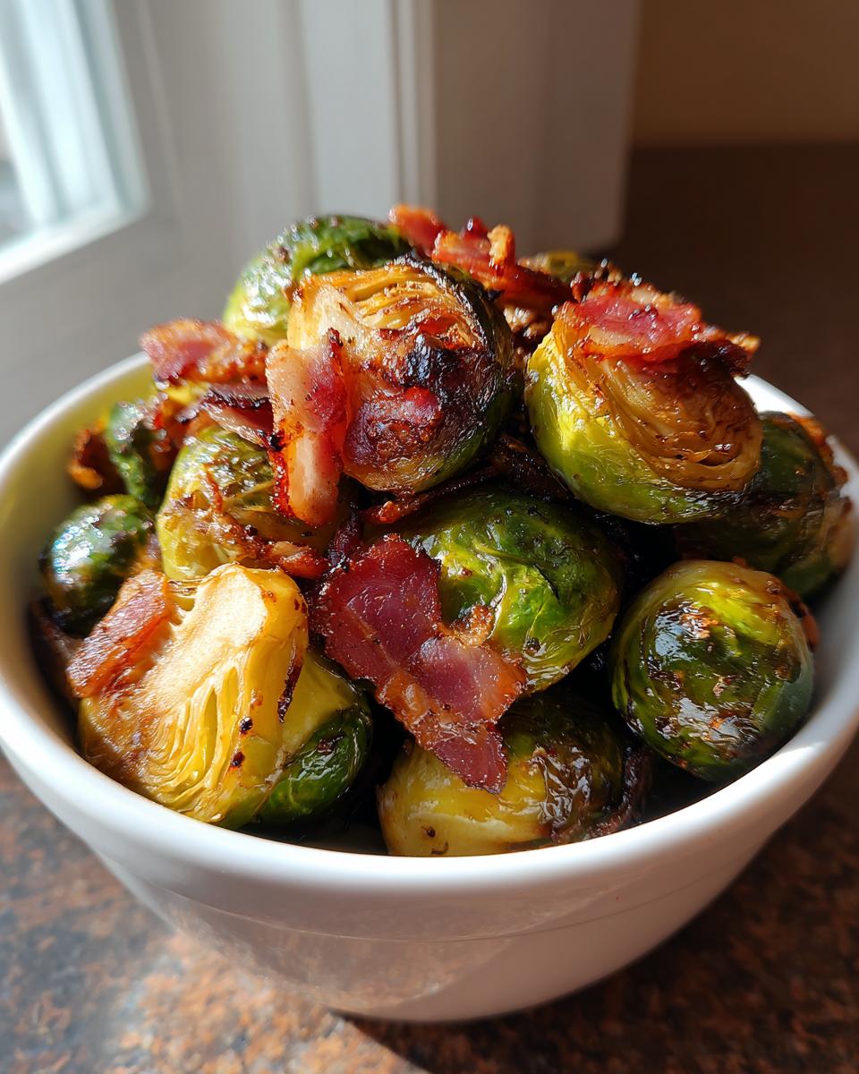Close-up of crispy roasted brussels sprouts with bacon in a white bowl.