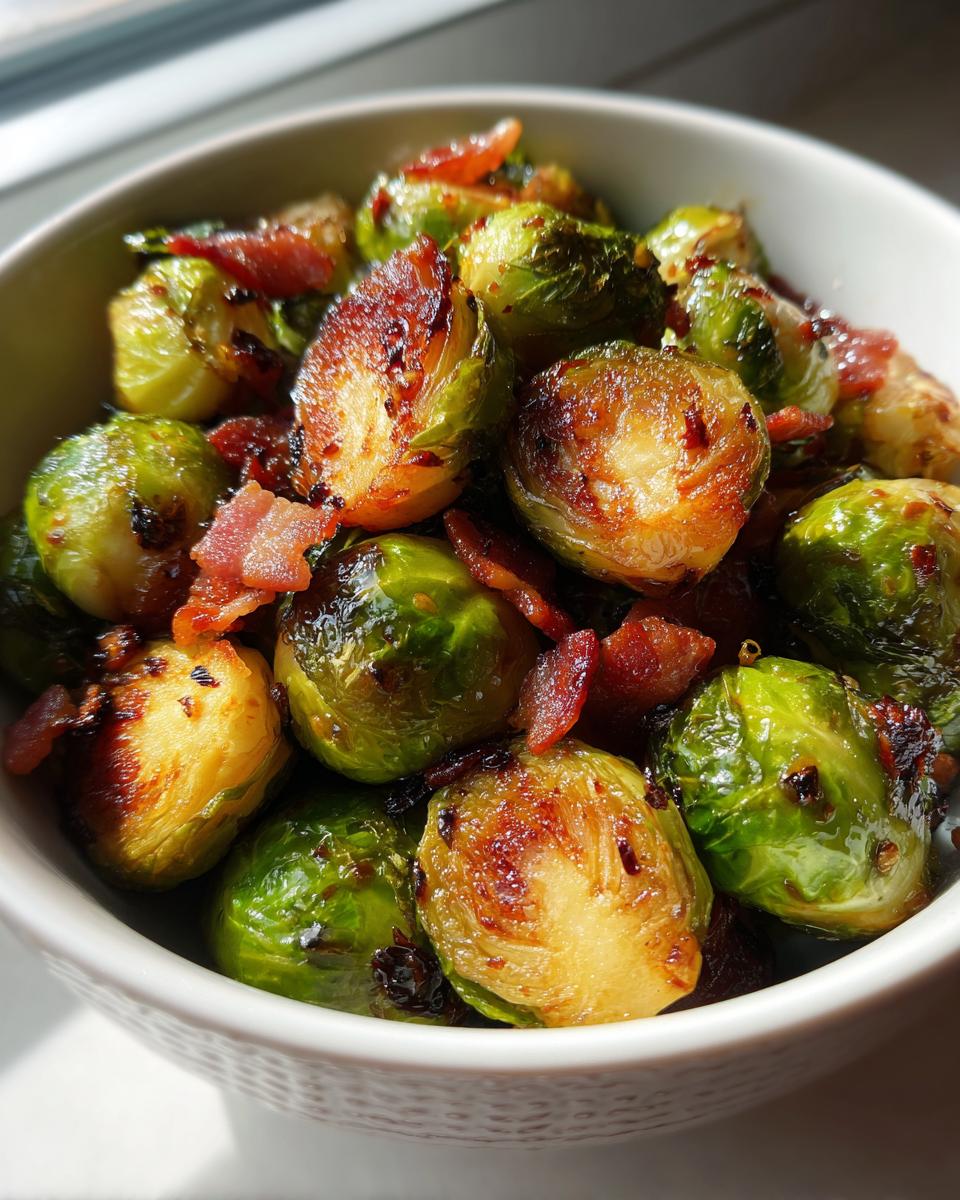 Close-up of crispy roasted brussels sprouts with bacon in a white bowl.