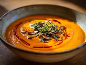 A close-up of a bowl of amazing roasted butternut squash soup, garnished with pumpkin seeds and fresh herbs.