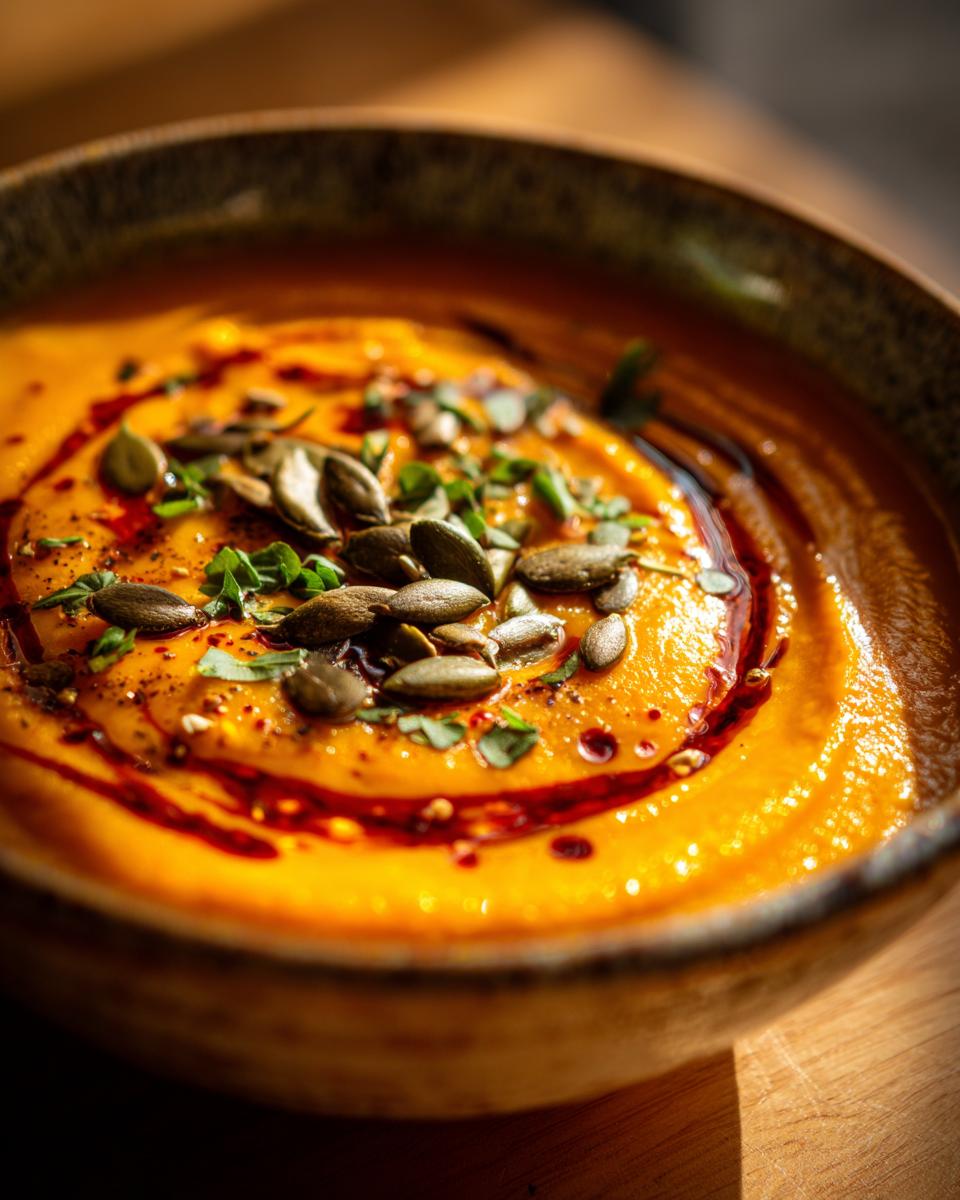 A close-up of a bowl of amazing roasted butternut squash soup, garnished with pumpkin seeds and herbs.
