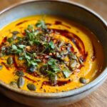 A close-up of a bowl of vibrant roasted butternut squash soup, garnished with pumpkin seeds, microgreens, and chili oil.