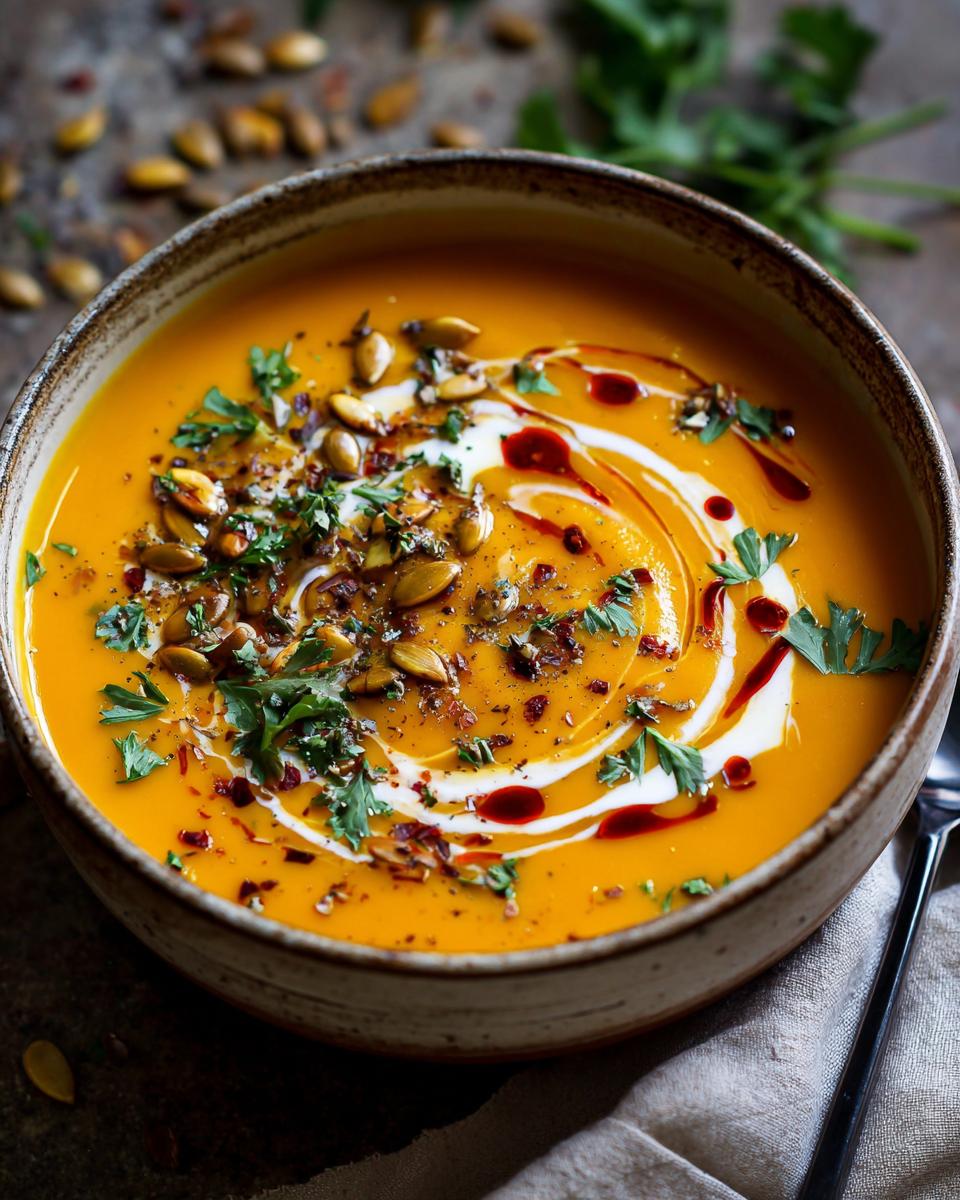A bowl of creamy roasted butternut squash soup topped with swirls of cream, pumpkin seeds, and fresh parsley.