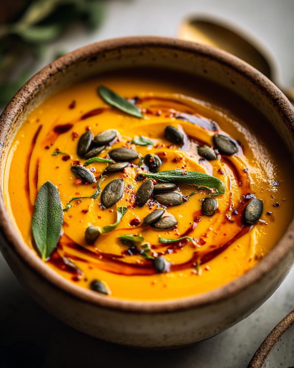 A close-up of a bowl of vibrant roasted butternut squash soup, garnished with pumpkin seeds, sage leaves, and chili oil.