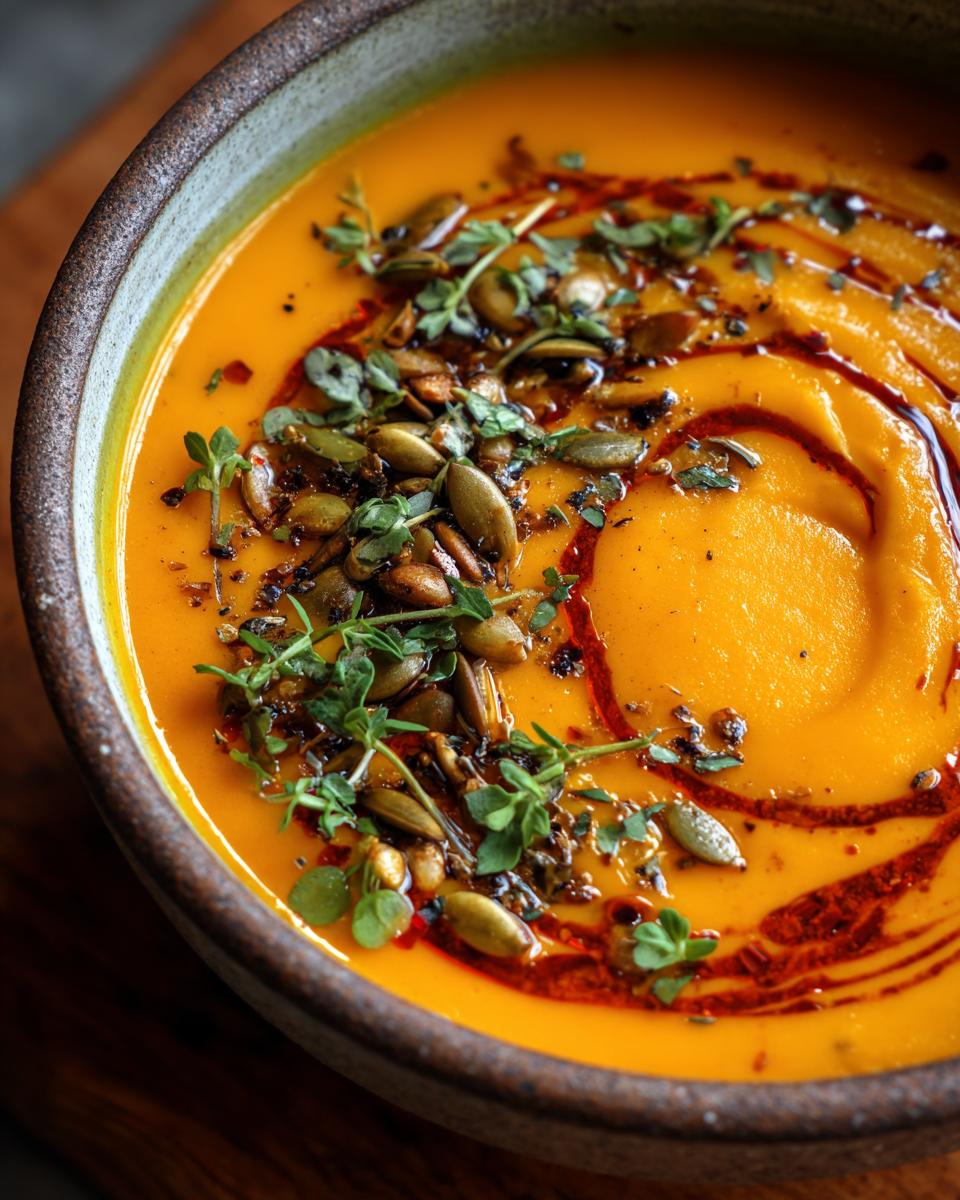 Close-up of a bowl of amazing roasted butternut squash soup, garnished with pumpkin seeds, herbs, and a swirl of chili oil.