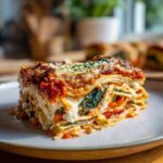A generous slice of roasted vegetable lasagna on a plate, showcasing layers of pasta, cheese, and colorful vegetables.