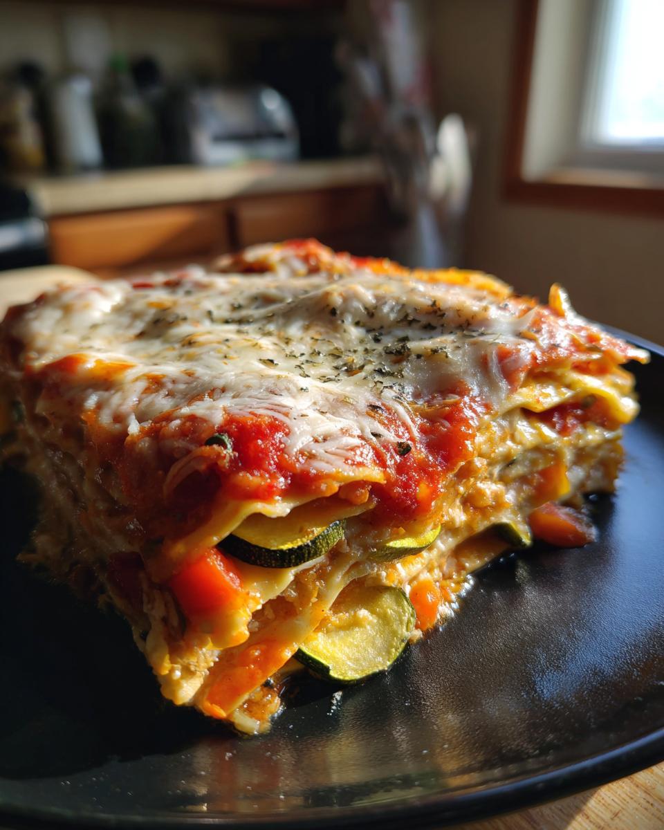 A delicious slice of roasted vegetable lasagna, featuring layers of pasta, rich tomato sauce, melted cheese, and zucchini.