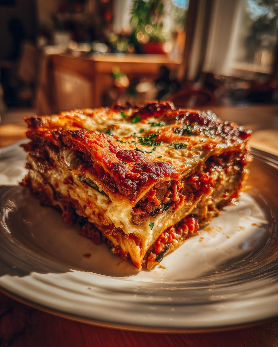A hearty slice of roasted vegetable lasagna on a white plate, showing layers of pasta, cheese, and vegetables.