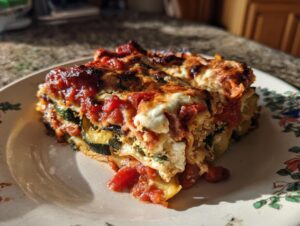 A generous slice of roasted vegetable lasagna on a plate, showcasing layers of pasta, zucchini, and rich tomato sauce.
