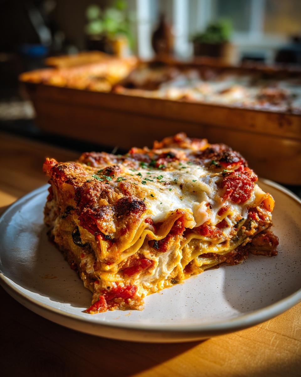 A delicious slice of roasted vegetable lasagna, showcasing layers of pasta, rich tomato sauce, and melted cheese.