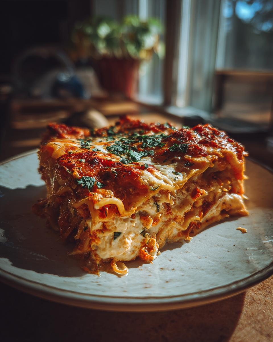 A delicious slice of roasted vegetable lasagna, layered with pasta, creamy cheese filling, and rich tomato sauce, topped with fresh parsley.