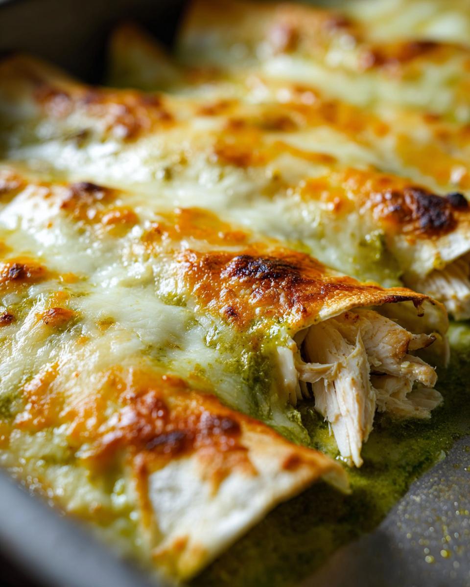 Close-up of baked Salsa Verde Chicken Enchiladas topped with melted, golden-brown cheese.
