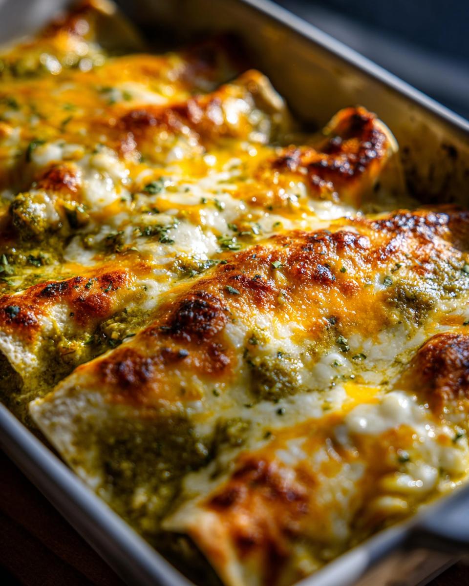 Close-up of baked Salsa Verde Chicken Enchiladas topped with melted cheese and herbs.