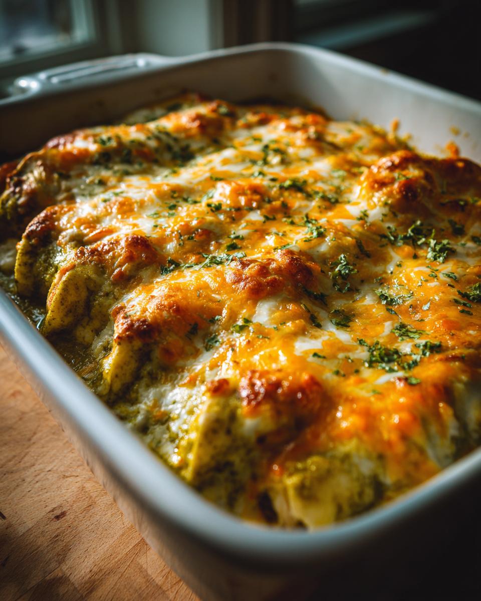 A close-up of baked salsa verde chicken enchiladas in a casserole dish, topped with melted cheese and cilantro.
