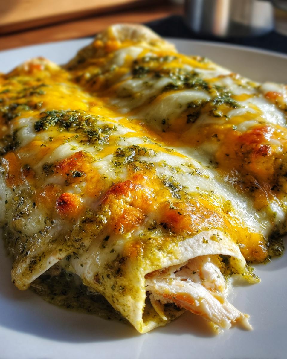 Close-up of cheesy salsa verde chicken enchiladas, with shredded chicken visible.