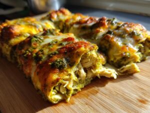 A close-up view of delicious salsa verde chicken enchiladas, showing shredded chicken and melted cheese.