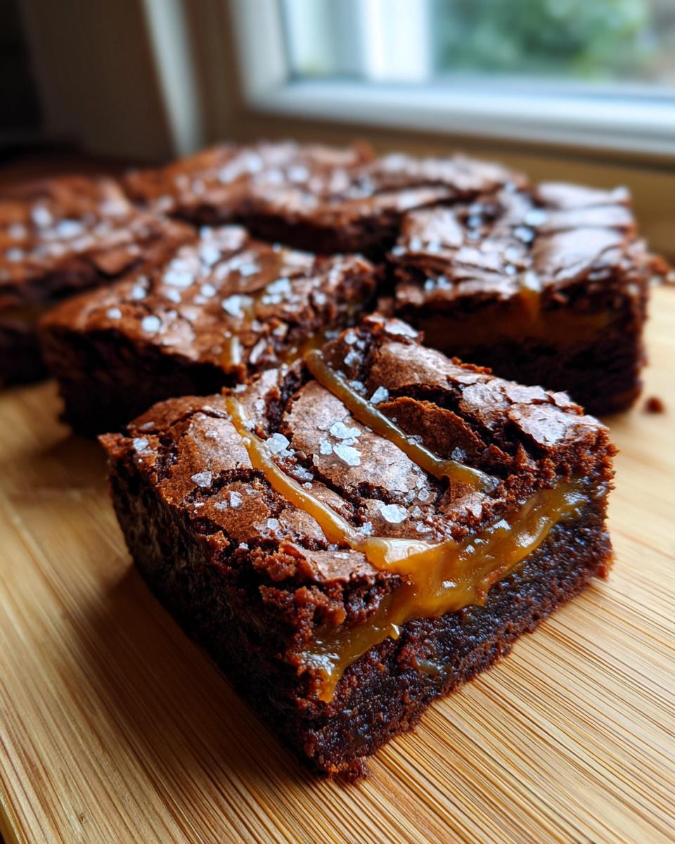 A close-up view of a perfect salted caramel brownie, showing the gooey caramel filling and flaky sea salt topping.