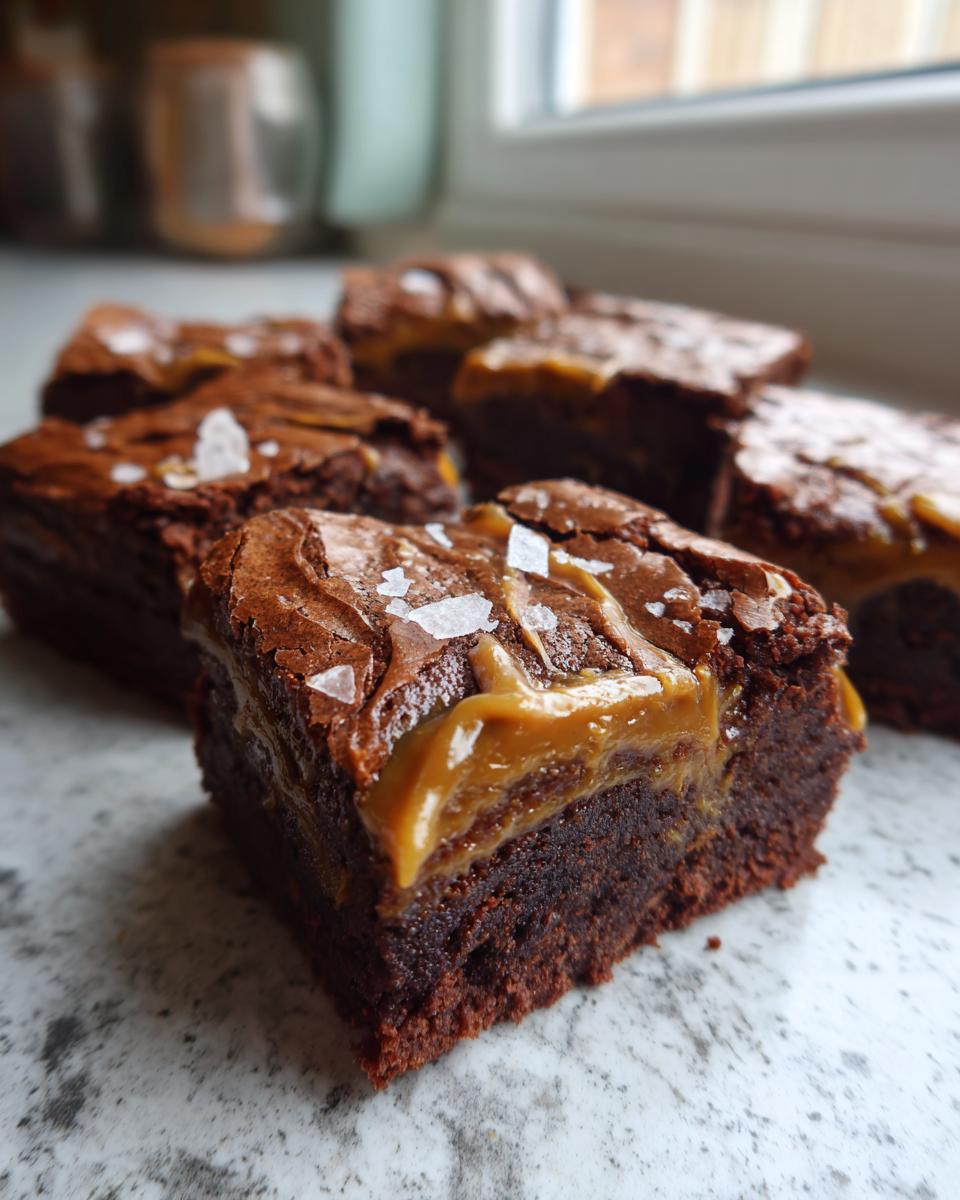 Close-up of a rich, fudgy salted caramel brownie topped with gooey caramel and flaky sea salt.