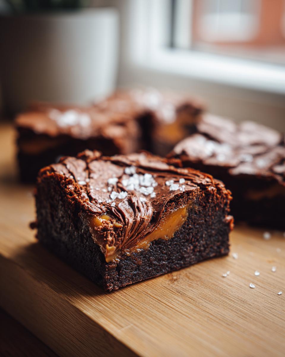 A close-up of a rich, fudgy salted caramel brownie with a gooey caramel center and flaky sea salt.
