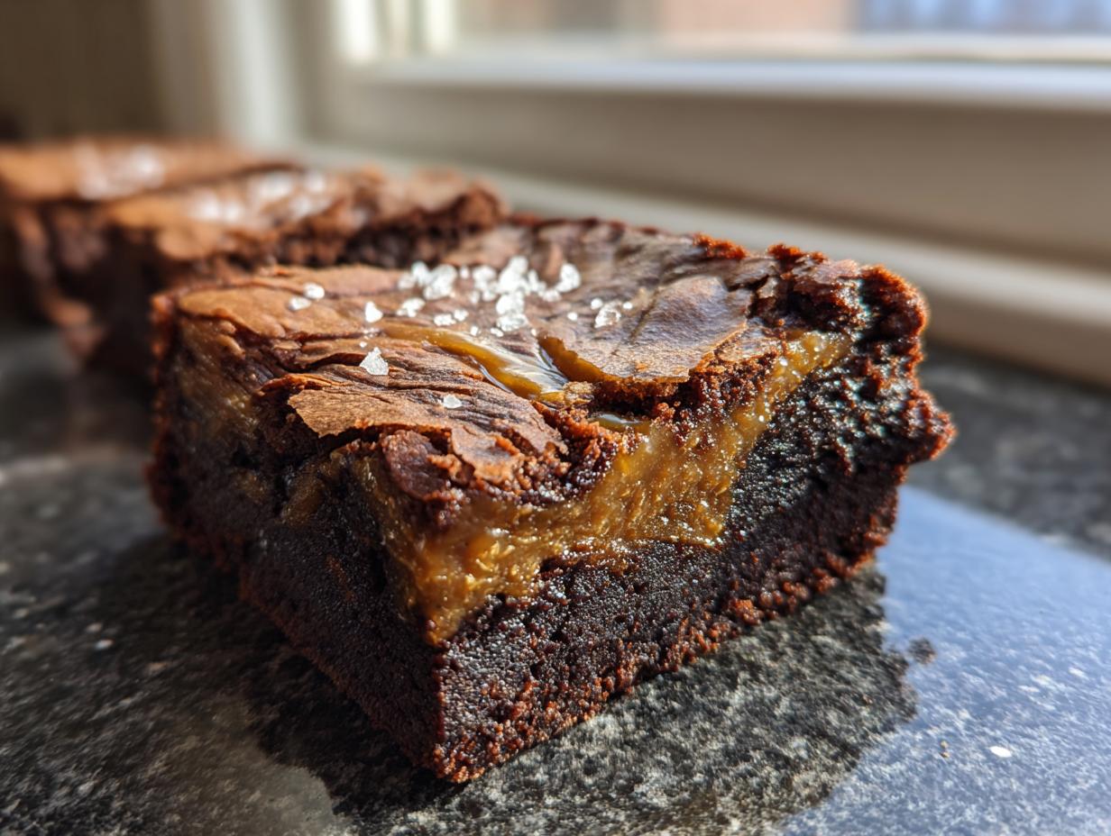 A close-up of a decadent salted caramel brownie, showcasing the rich chocolate and gooey caramel center, topped with flaky sea salt.