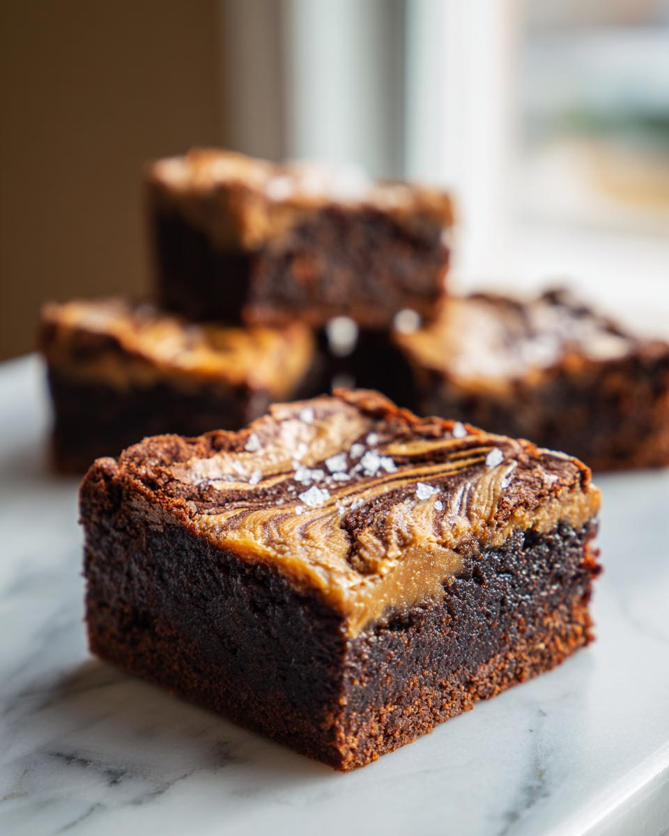 Close-up of a rich, fudgy salted caramel brownie with swirls of caramel and flaky sea salt.