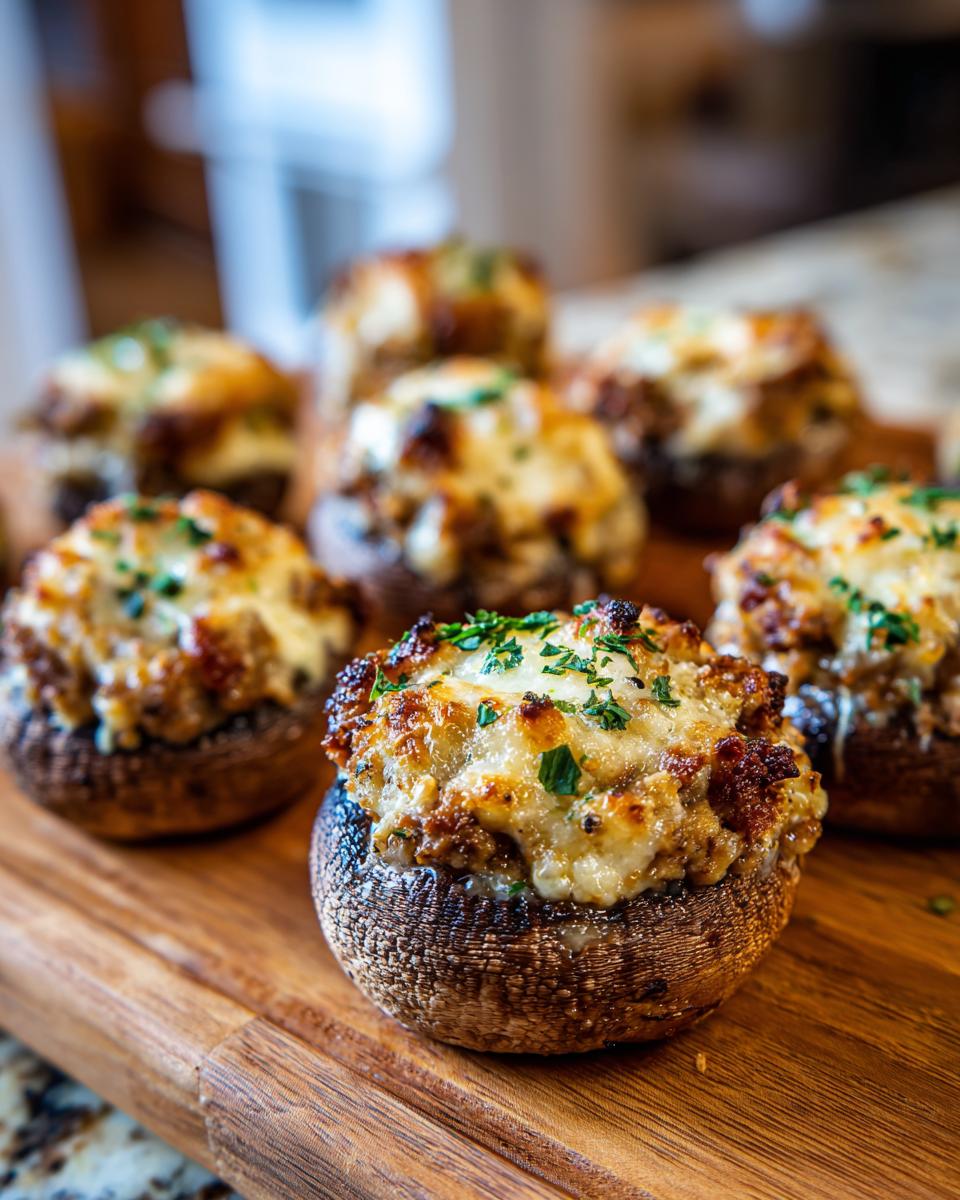 Close-up of delicious sausage stuffed mushrooms topped with melted cheese and parsley.