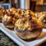 Close-up of golden brown sausage stuffed mushrooms, garnished with parsley, ready to serve.