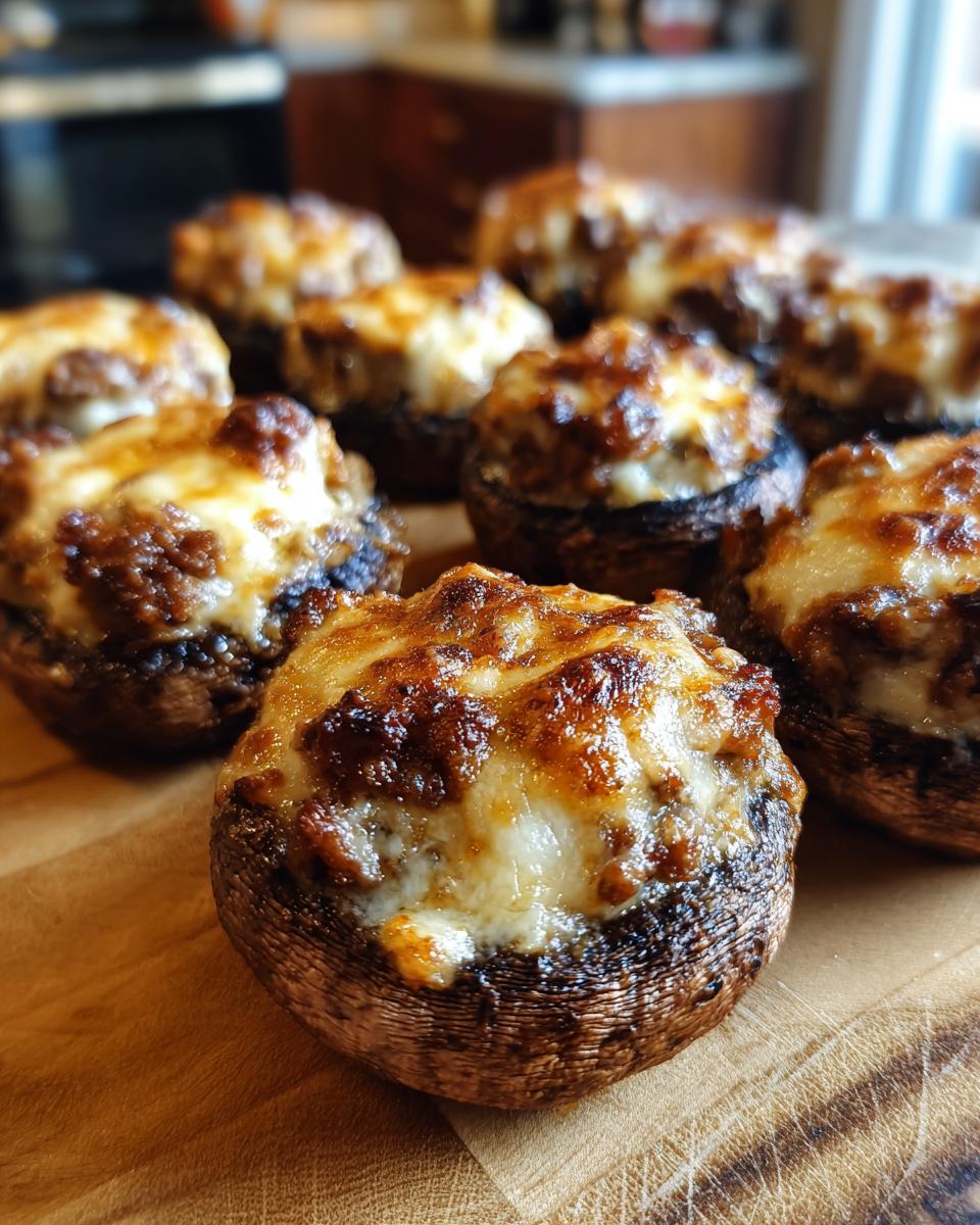 A close-up of several golden-brown sausage stuffed mushrooms, topped with melted cheese, ready to be served.